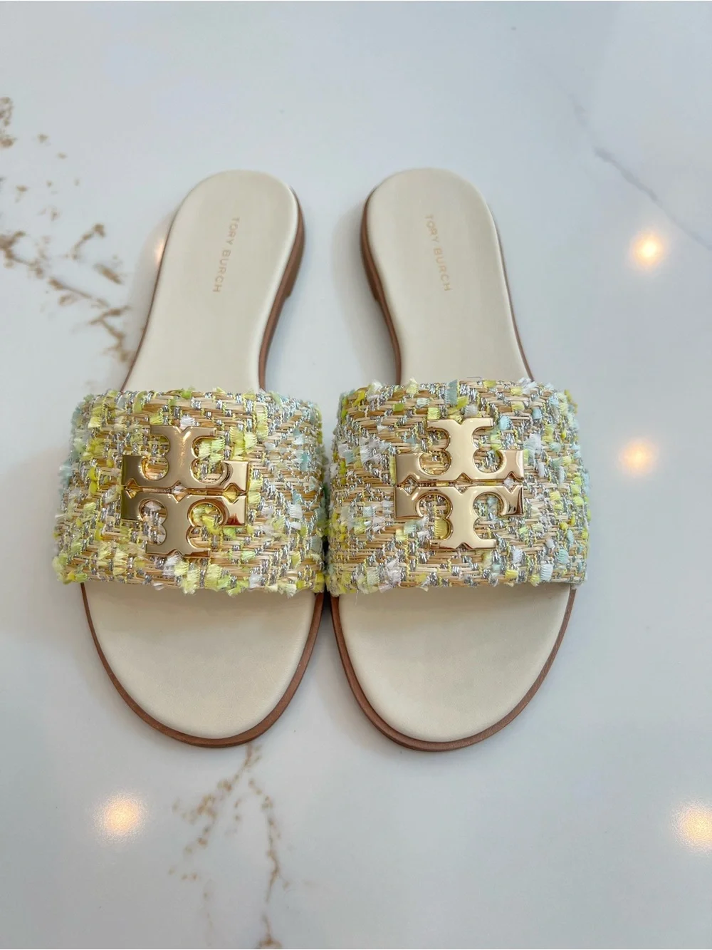 Tory Burch Yellow & Cream Tweed Miller Slide Sandals with Gold Logo
